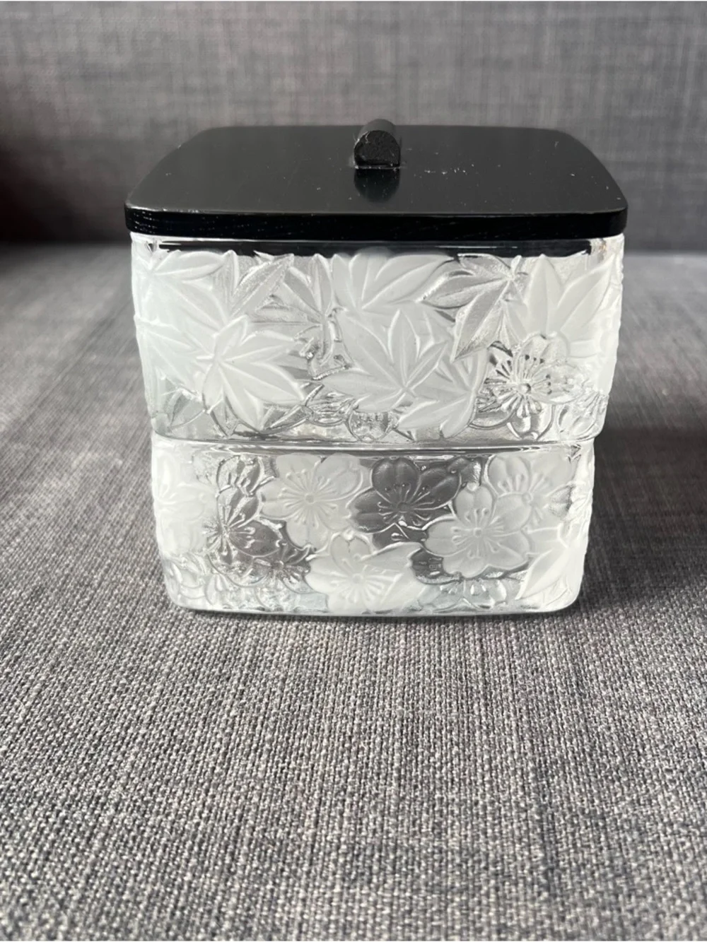 Princess House Fantasia Frosted Floral Glass Jewelry Jar with Black Lid